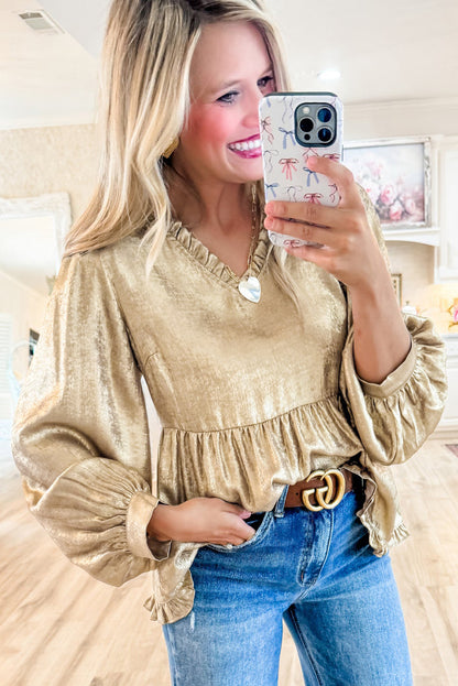 Gold Metallic Frilled V Neck Puff Sleeve Babydoll Blouse