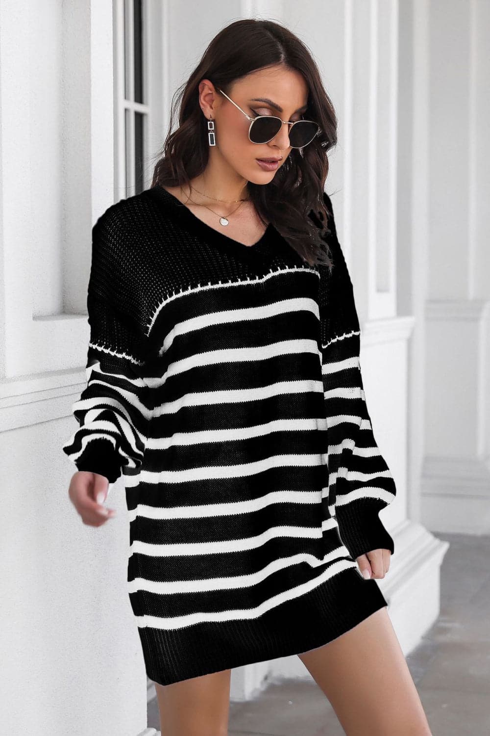 Striped V-Neck Drop Shulder Sweater Dress.