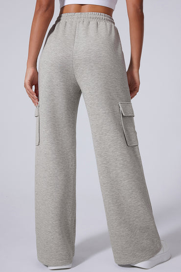 Light grey high waist lace-up wide leg pants with pockets