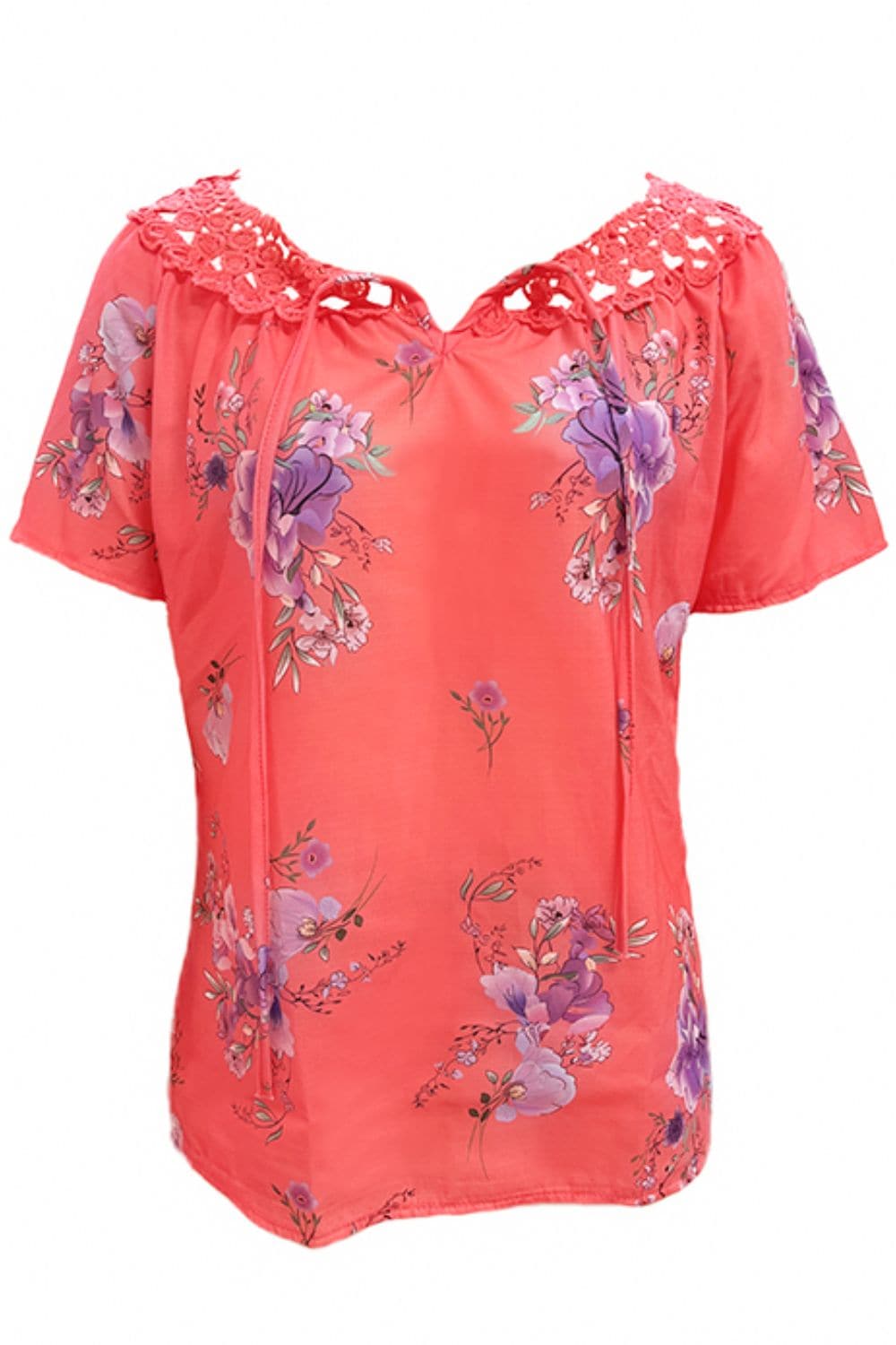 Full Size Printed Tie Neck Short Sleeve Blouse.