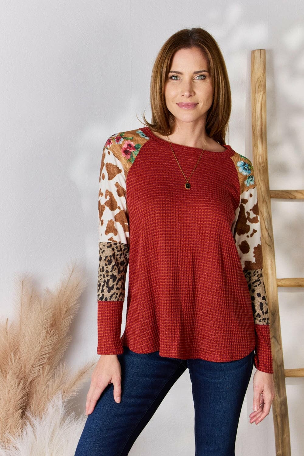 Hailey & Co Full Size Leopard Waffle-Knit Blouse.