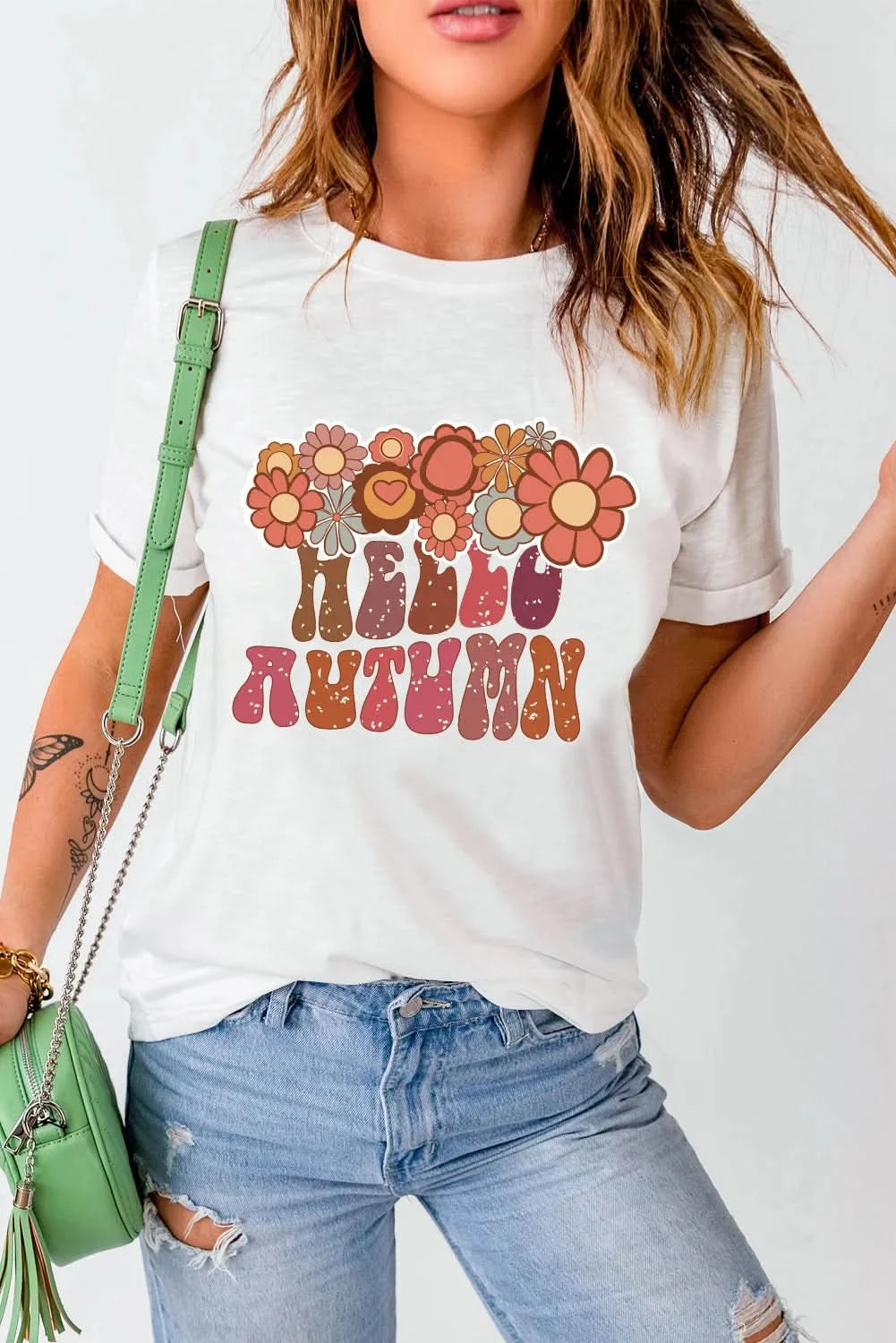 Flower & Letter Graphic Round Neck Short Sleeve T-Shirt