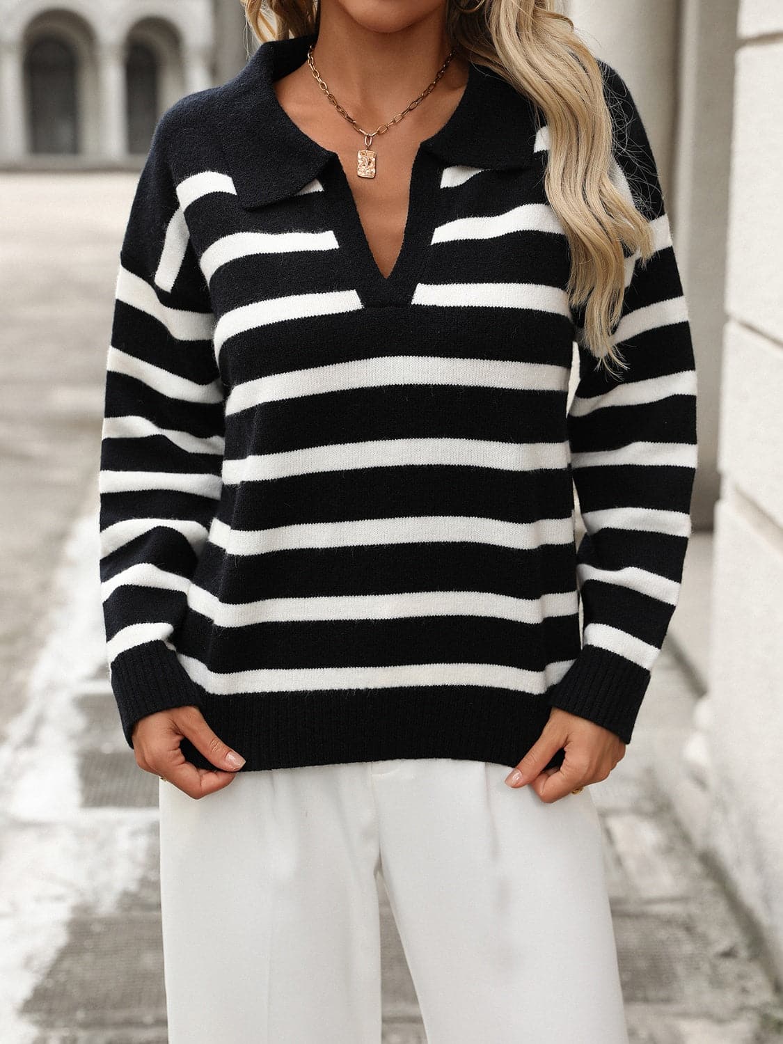 Striped Johnny Collar Long Sleeve Sweater.