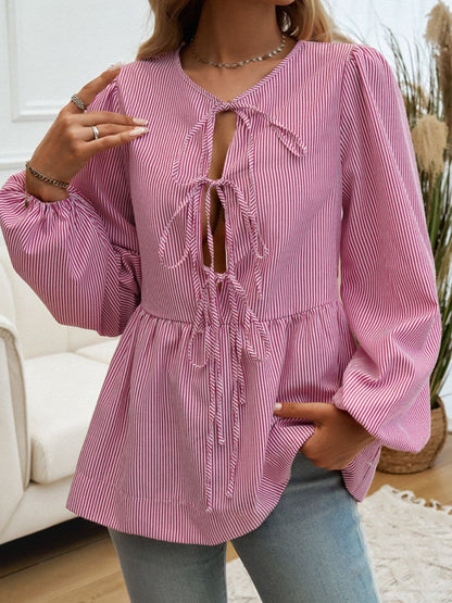 Tied sheer striped long sleeve top