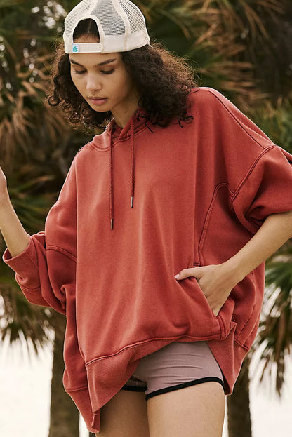 Cozy red clay oversized drawstring hoodie with pockets