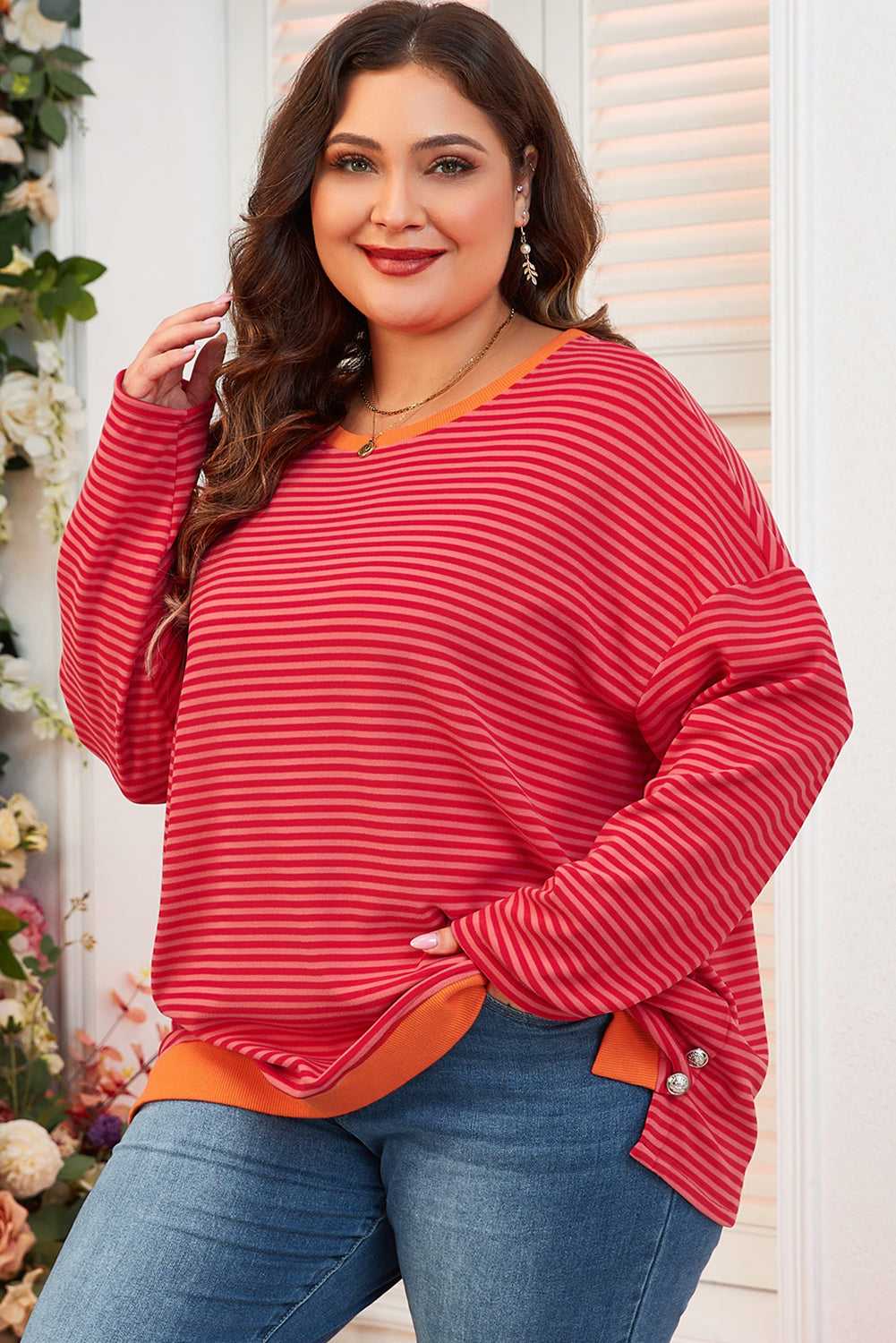 Chic orange stripe plus size drop shoulder button-up top