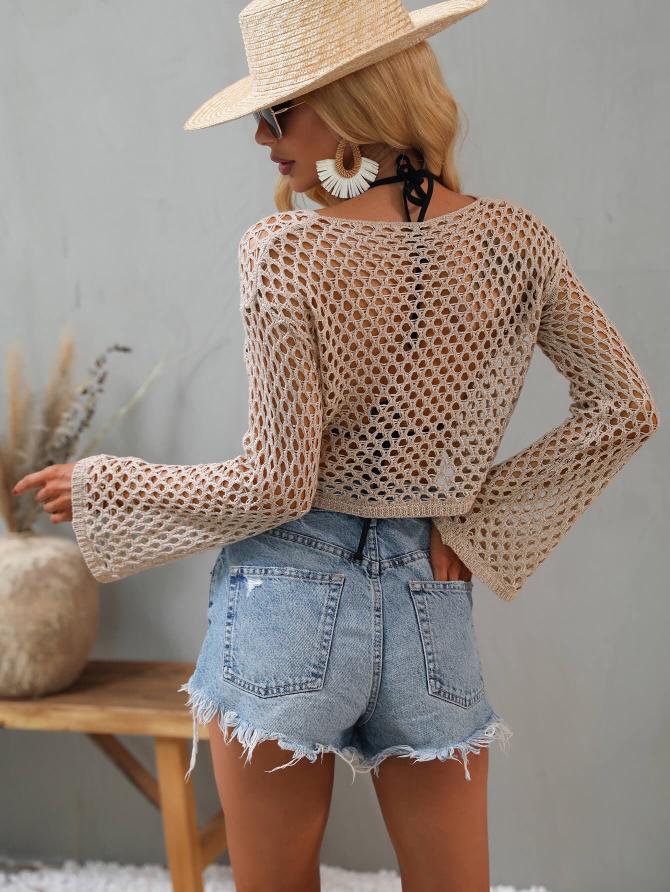 Openwork Flare Sleeve Cropped Cover Up.