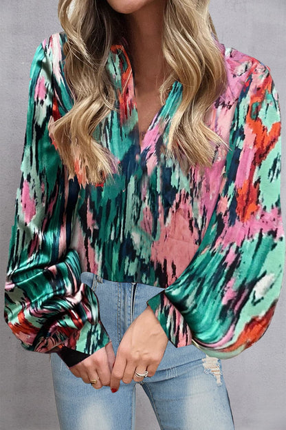 Printed V-Neck Long Sleeve Blouse.