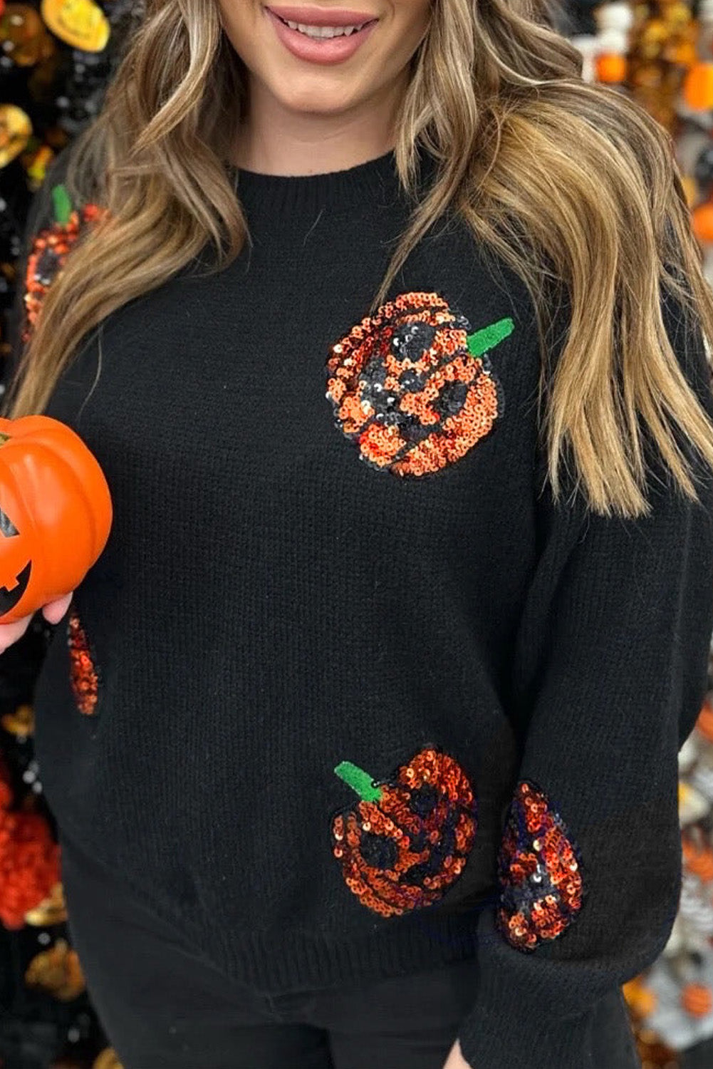 Chic black plus size sequined pumpkin sweater for Halloween celebrations