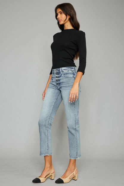 Kancan High Waist Button Fly Raw Hem Cropped Straight Jeans.