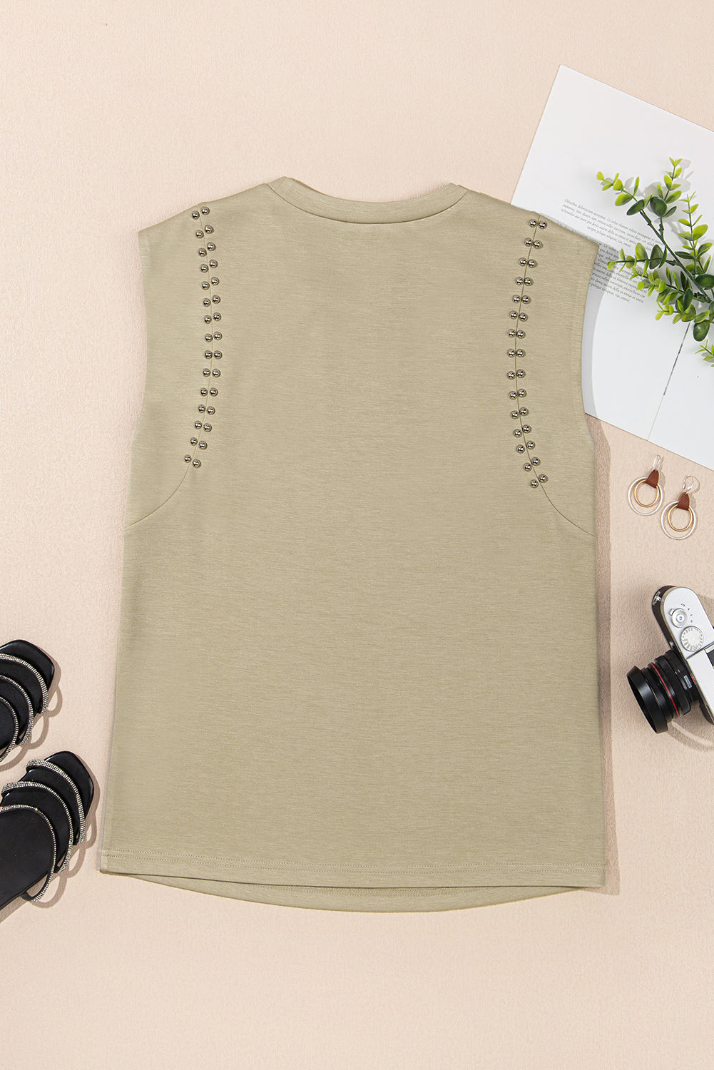 Sage Green Studded Cap Sleeve Round Neck T Shirt for Women