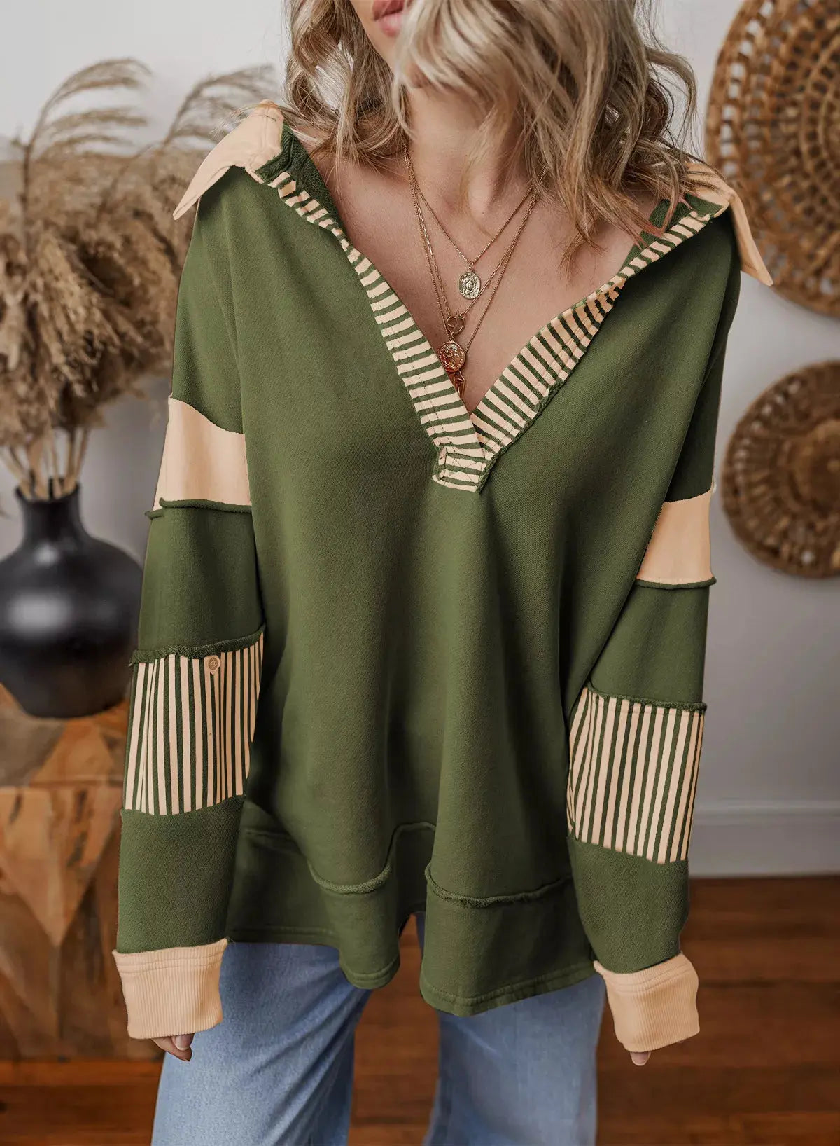 Color Block Striped Johnny Collar Sweatshirt Simply Love