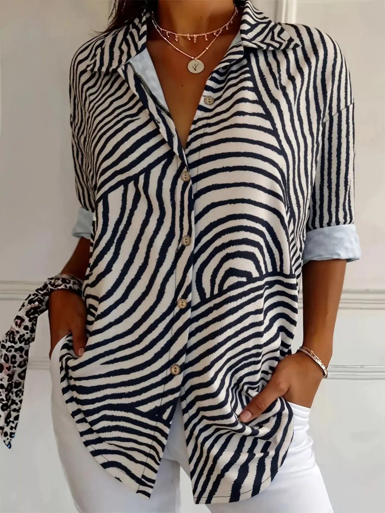 Plus Size Abstract Zebra Print Button-Down Shirt Simply Love