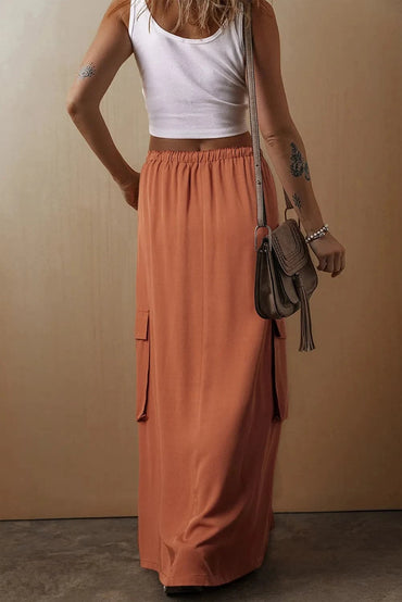 Versatile drawstring maxi skirt with convenient pockets