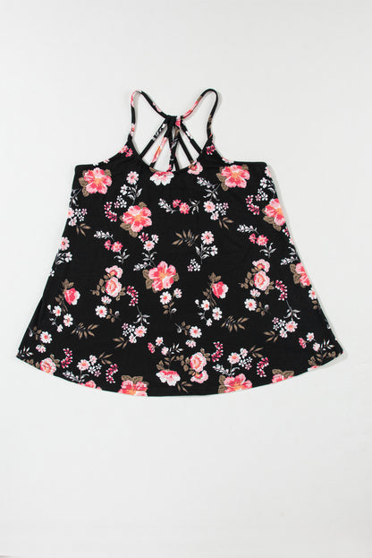 Chic black floral strappy tank top with daring back design