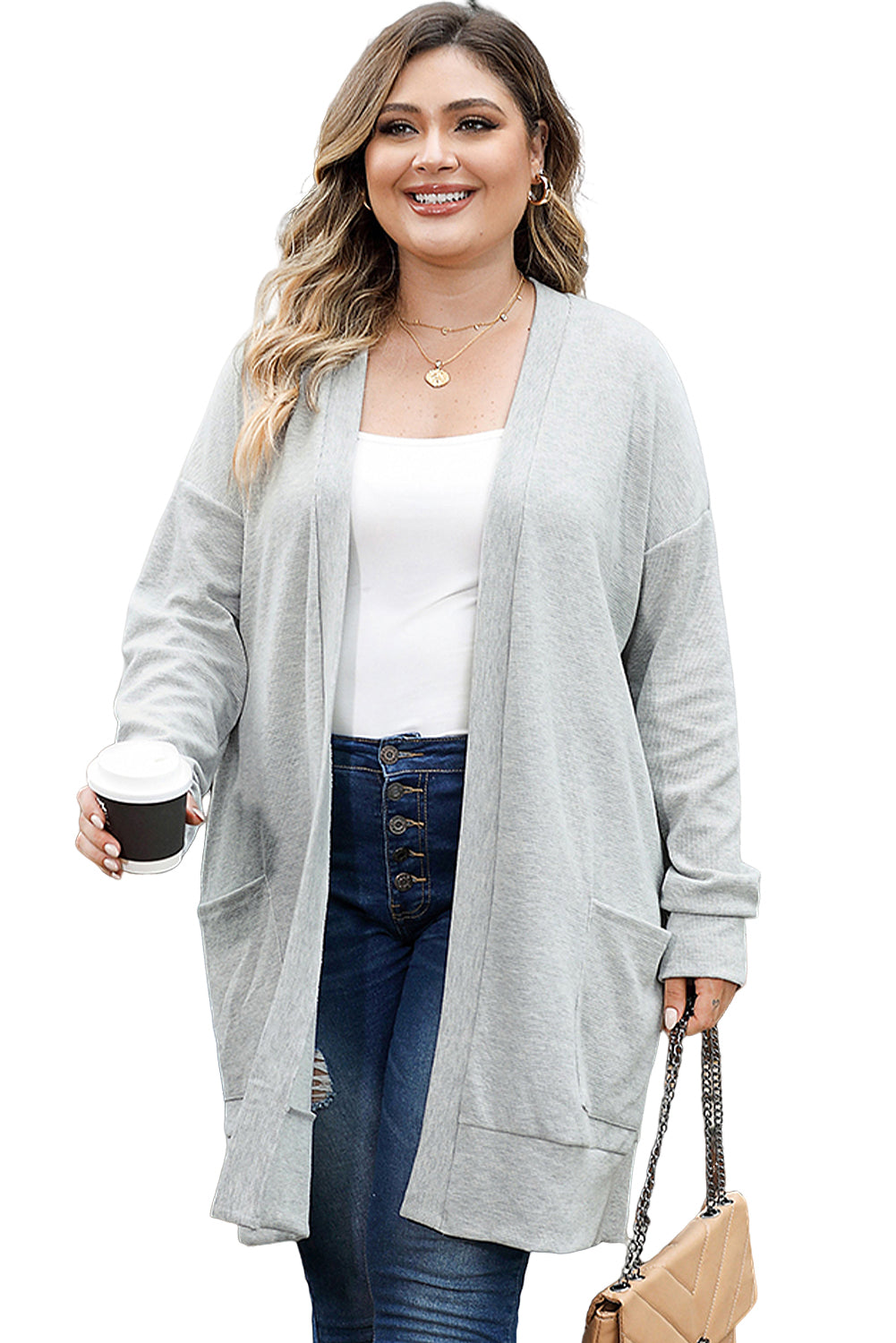 Cozy elegance: pocketed plus size thermal knit cardigan