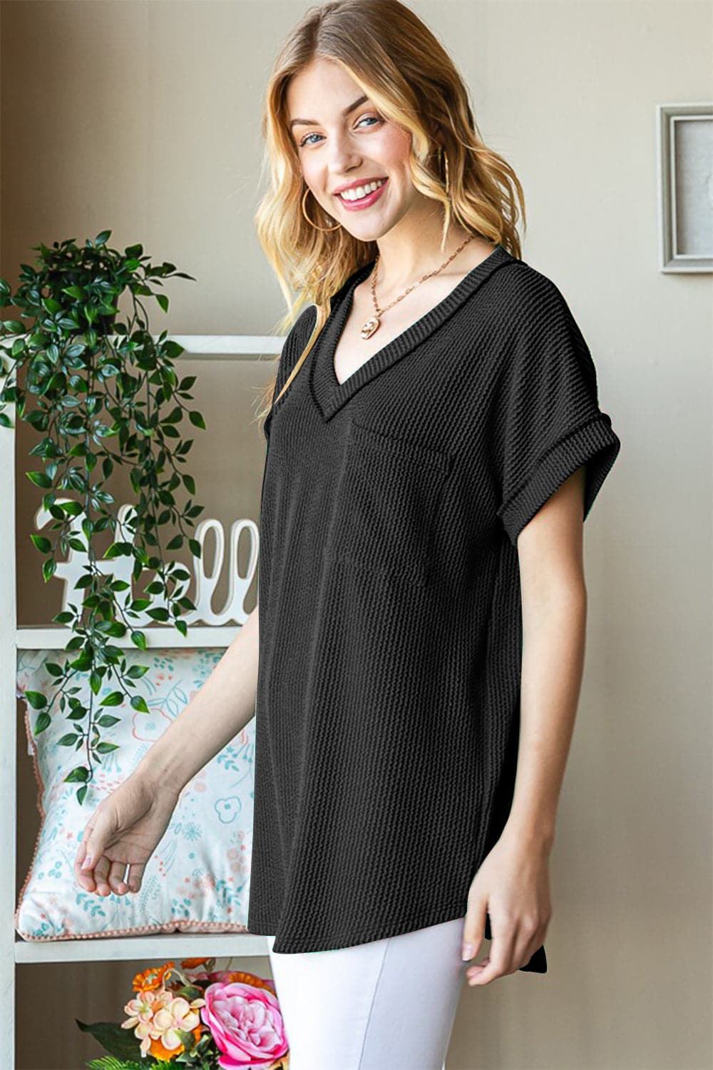 Heimish Full Size Front Pocket Short Sleeve Ribbed Top.