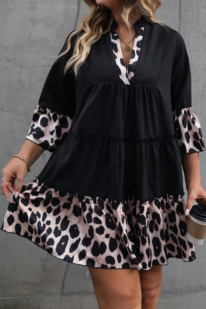 Leopard print ruffle dress with split neck detail