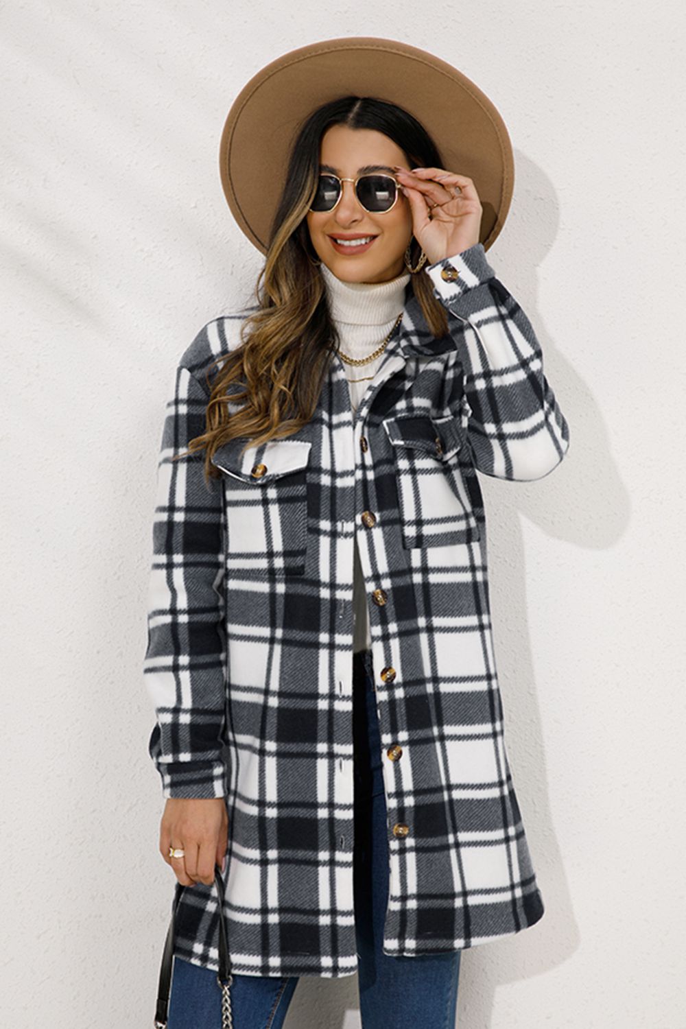 Shiny Plaid Collared Longline Coat Coco’s Tee Boutique