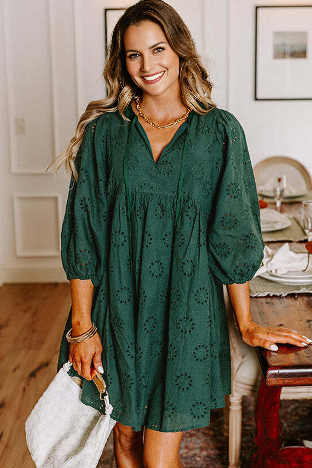 Blackish Green Embroidered Eyelet Swing Dress Puffy Sleeves