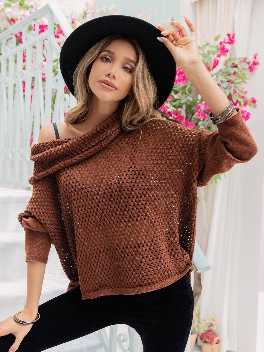 Openwork Mock Neck Dropped Shoulder Sweater.