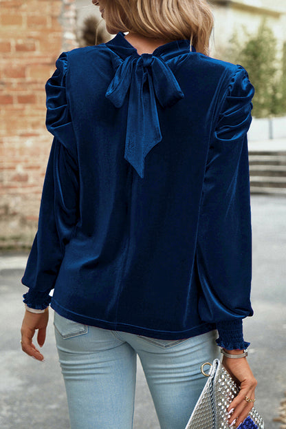 Elegant sky blue velvet blouse with mock neck and puff sleeves