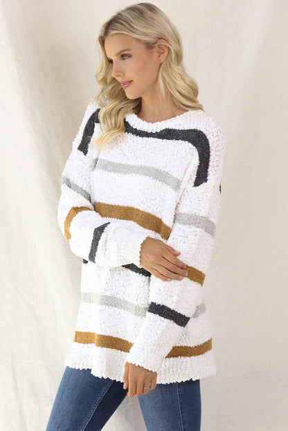 Striped Round Neck Long Sleeve Sweater.