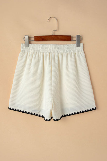 Textured White Casual Shorts with Contrasting Ricrac Hemline