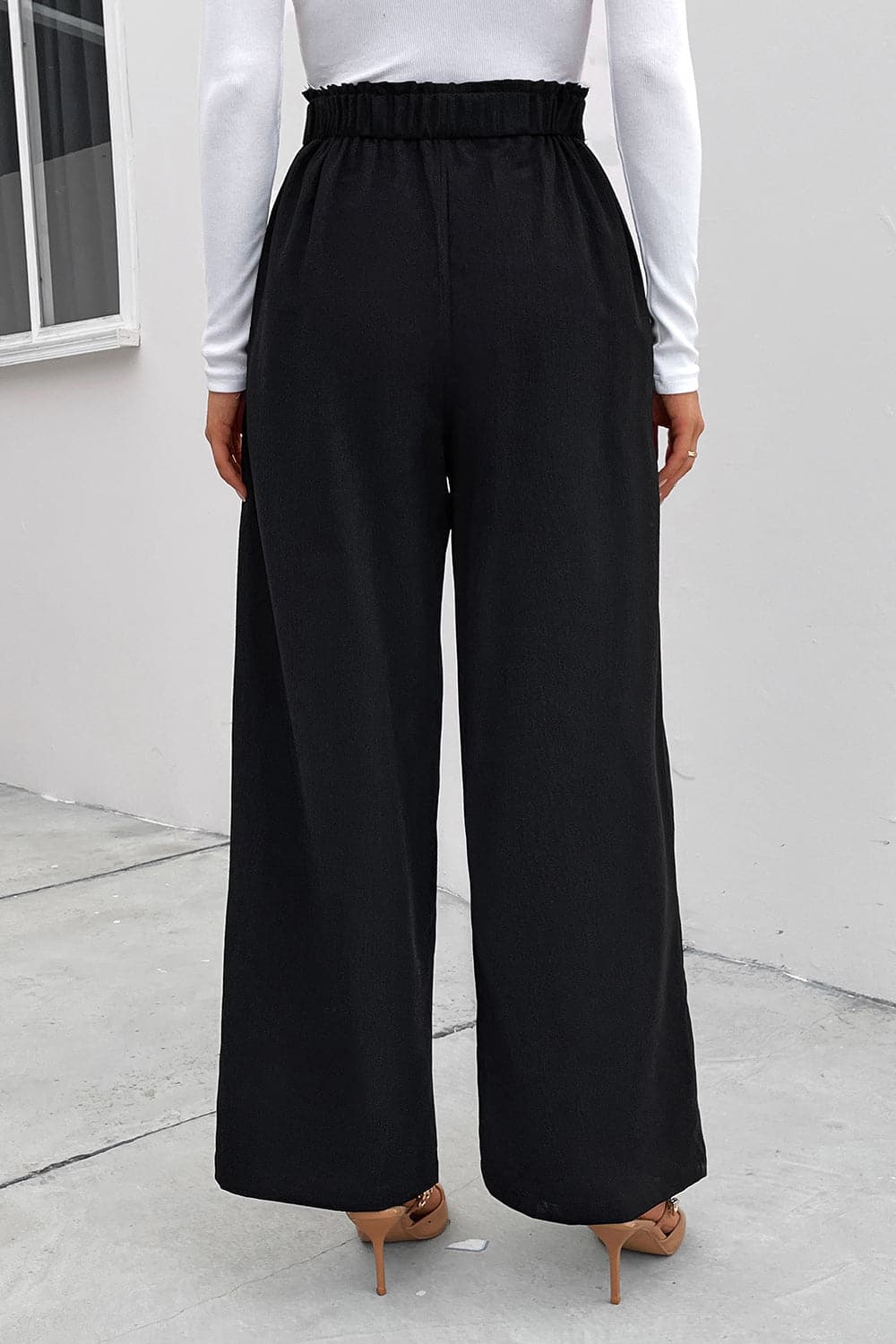 High Waist Ruched Pocketed Wide Leg Pants.