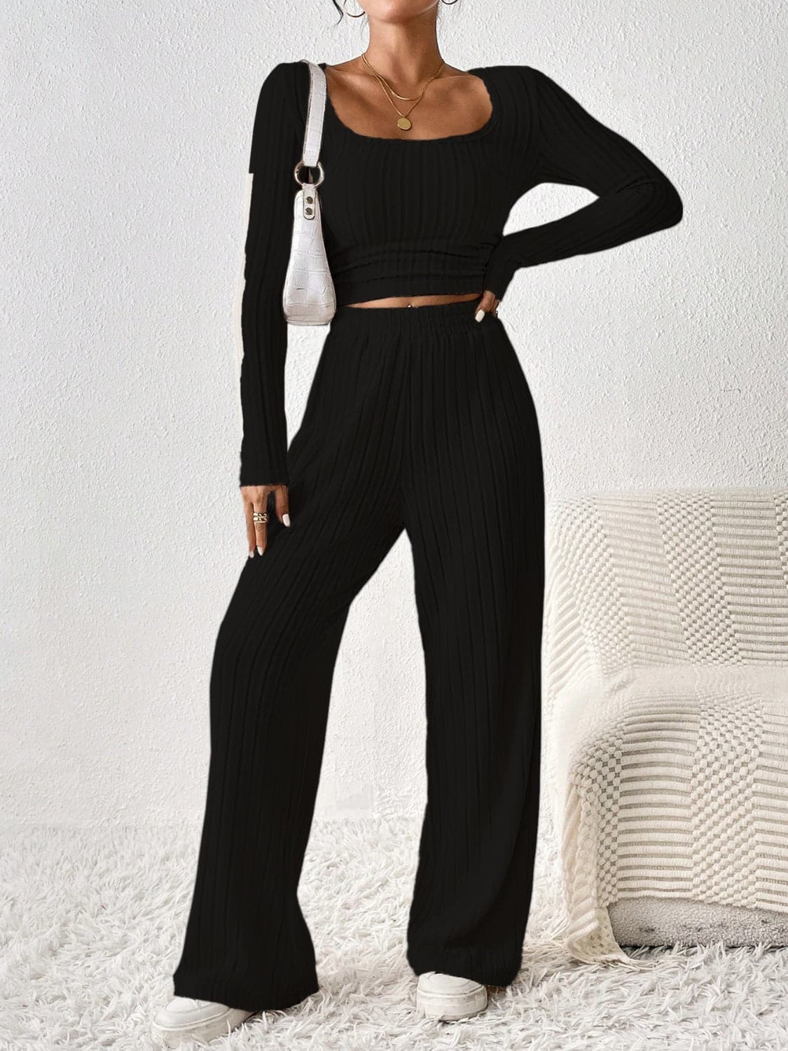 Cozy scoop neck long sleeve top and matching pants set