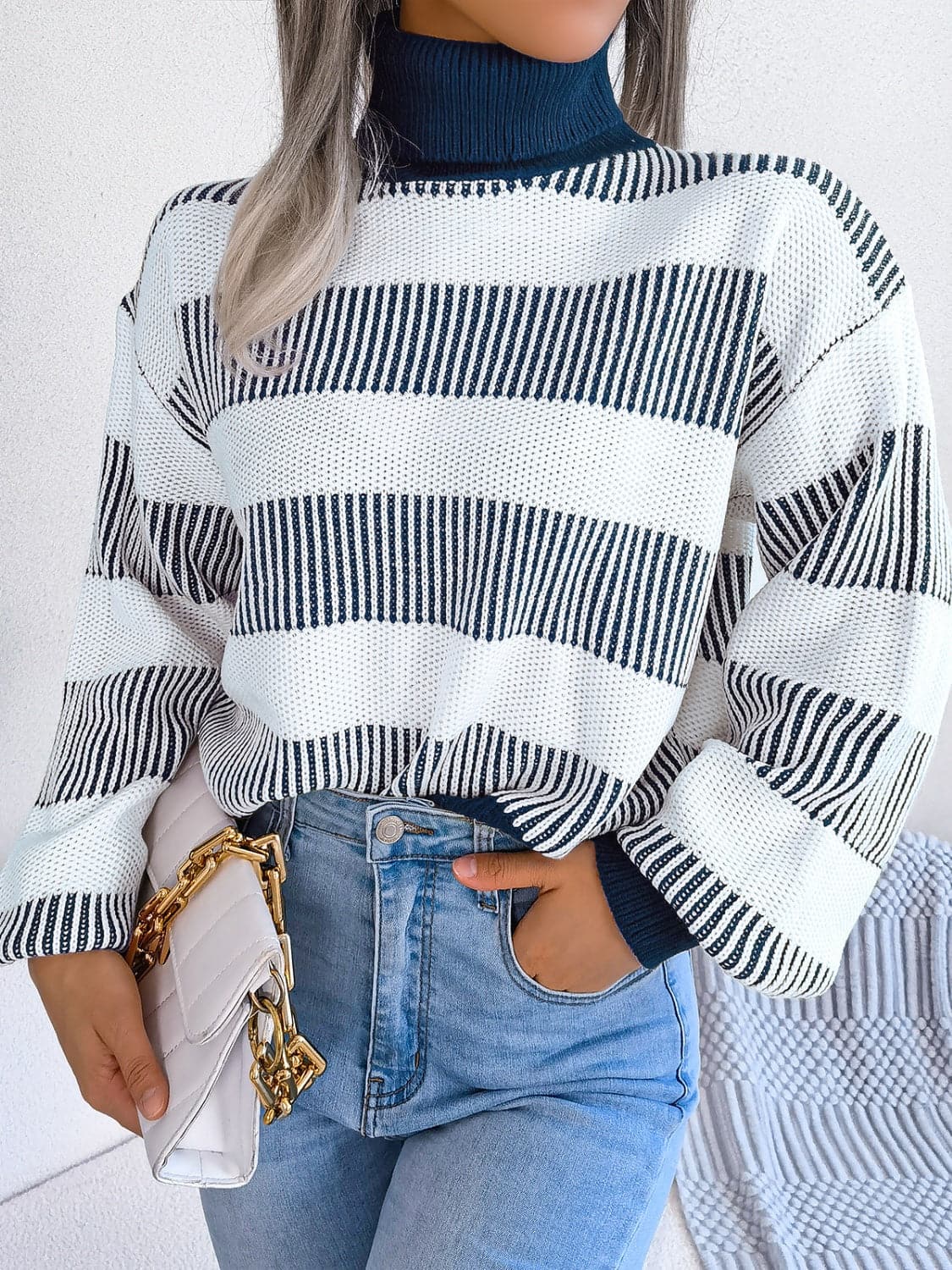 Striped Turtleneck Long Sleeve Sweater.