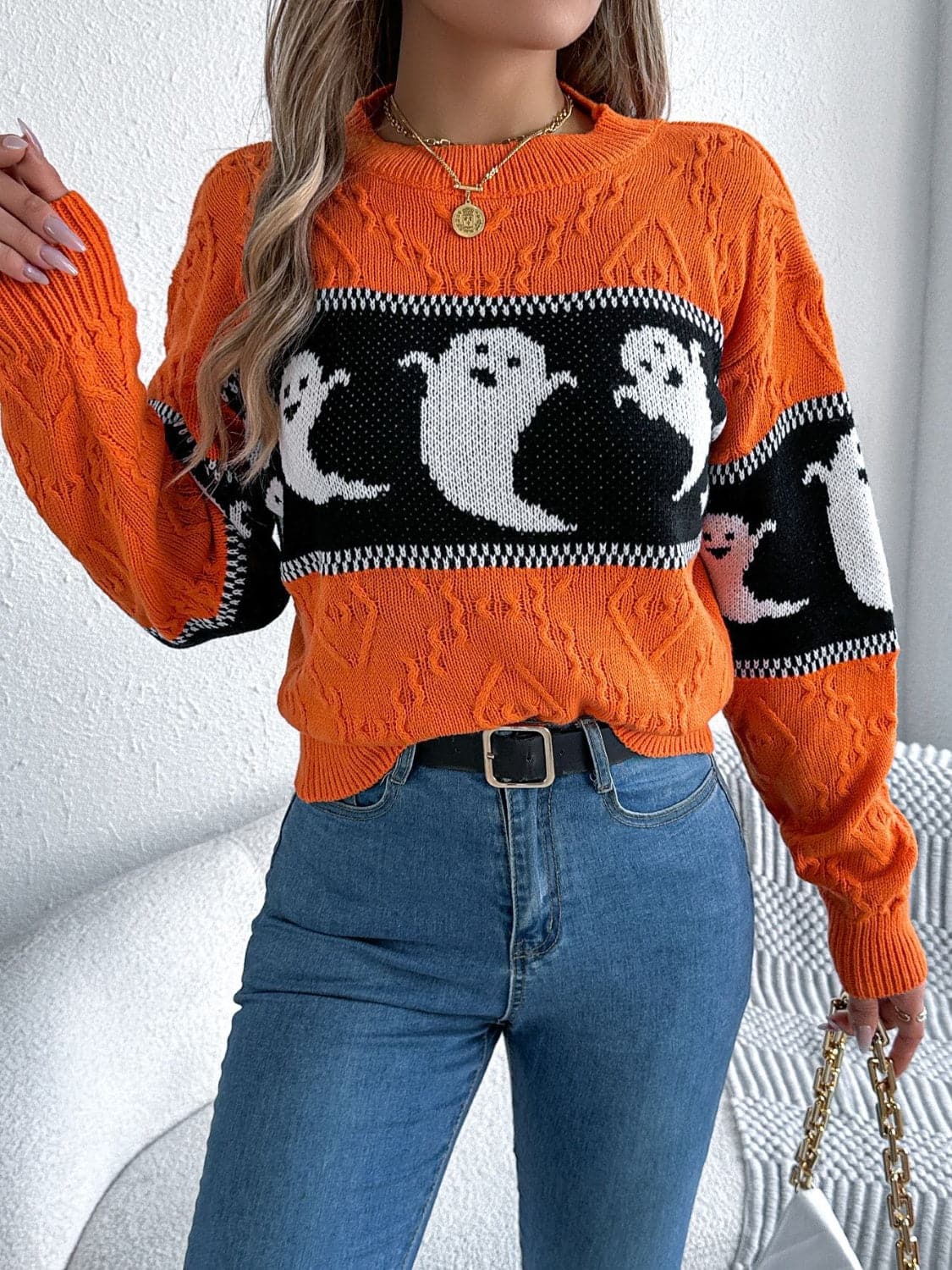 Cozy ghost long sleeve sweater with round neck