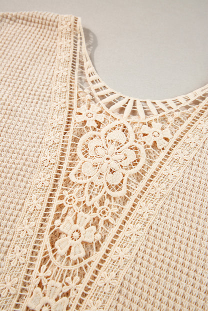 Beige textured plus size tee with lace detail