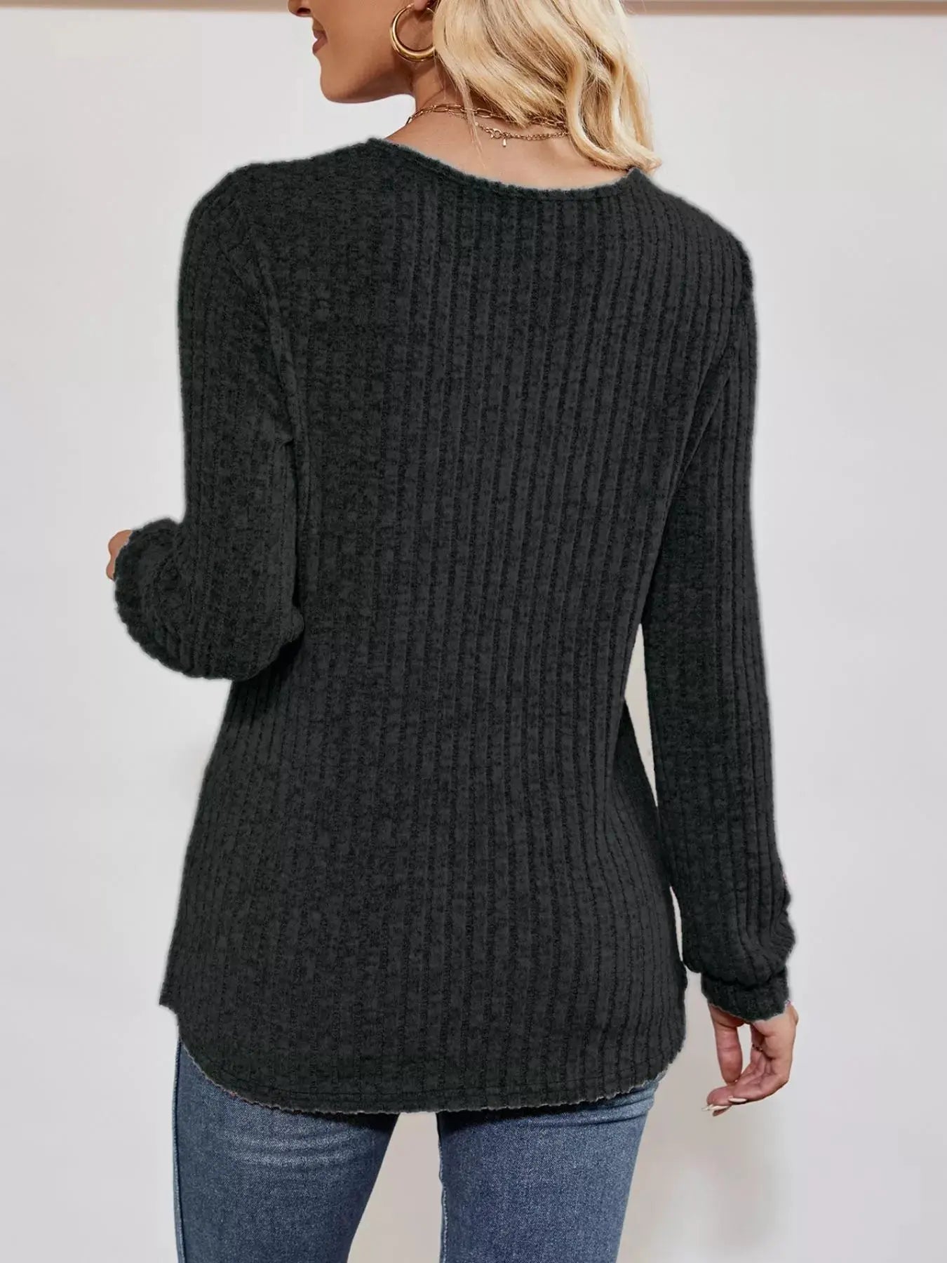 Ribbed Knit V-Neck Long Sleeve T-Shirt Simply Love