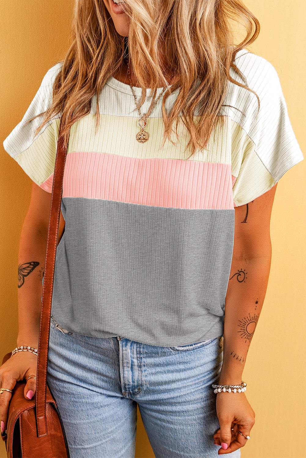 Gray Ribbed Color Block Patchwork T-shirt