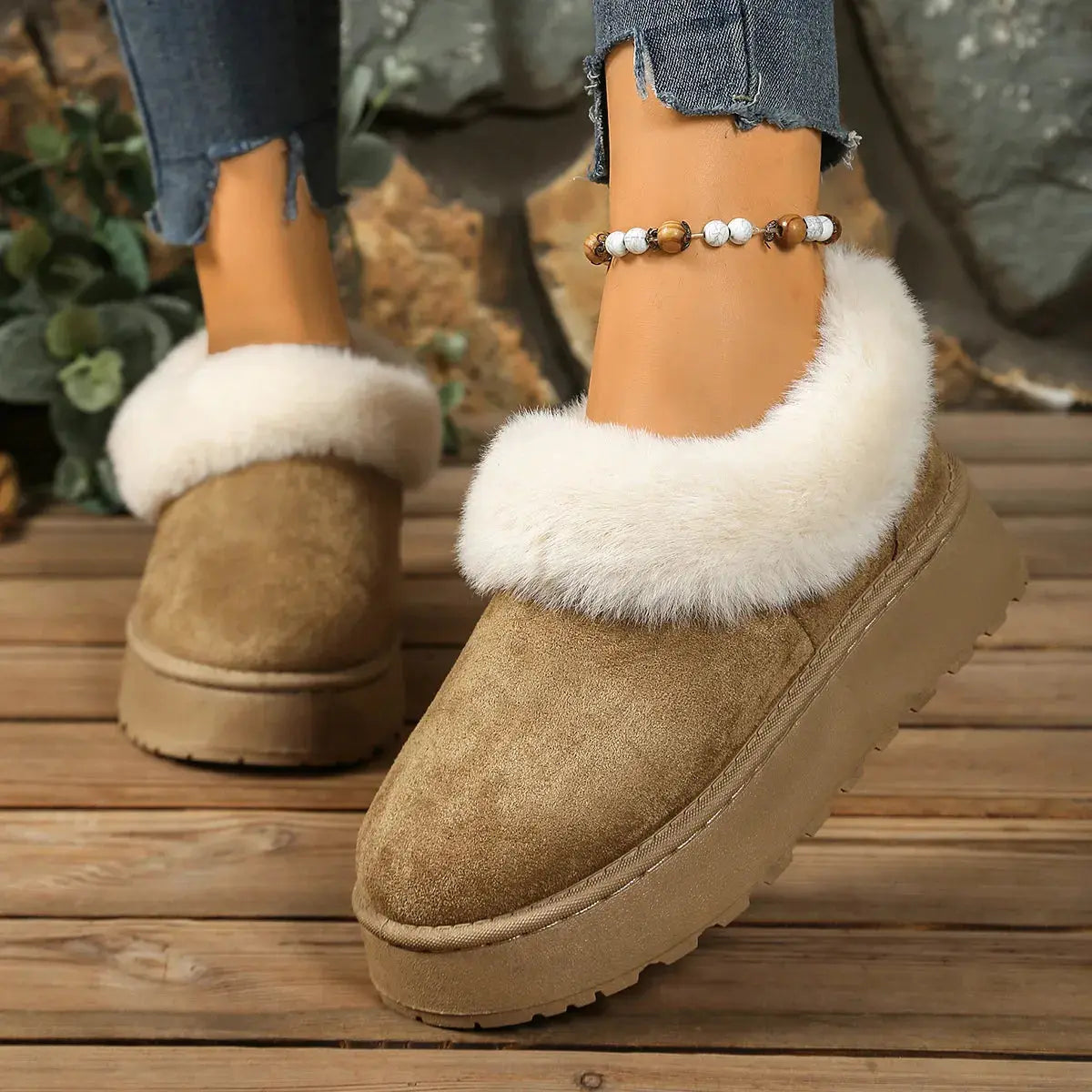 Fuzzy Trim Round Toe Platform Boots Simply Love