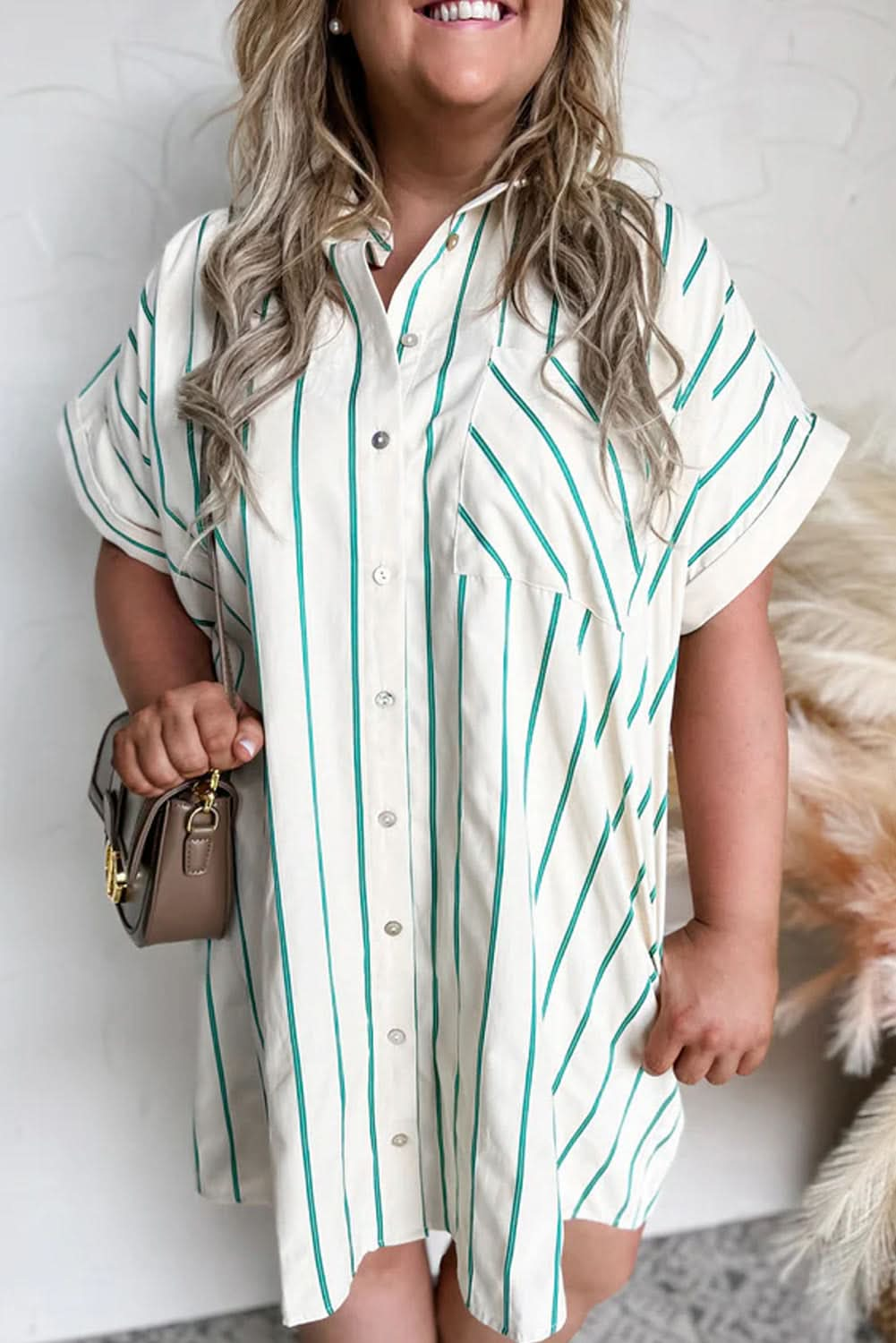 Plus Size Green Striped Button-Up Shirt Dress for St. Patrick's Day