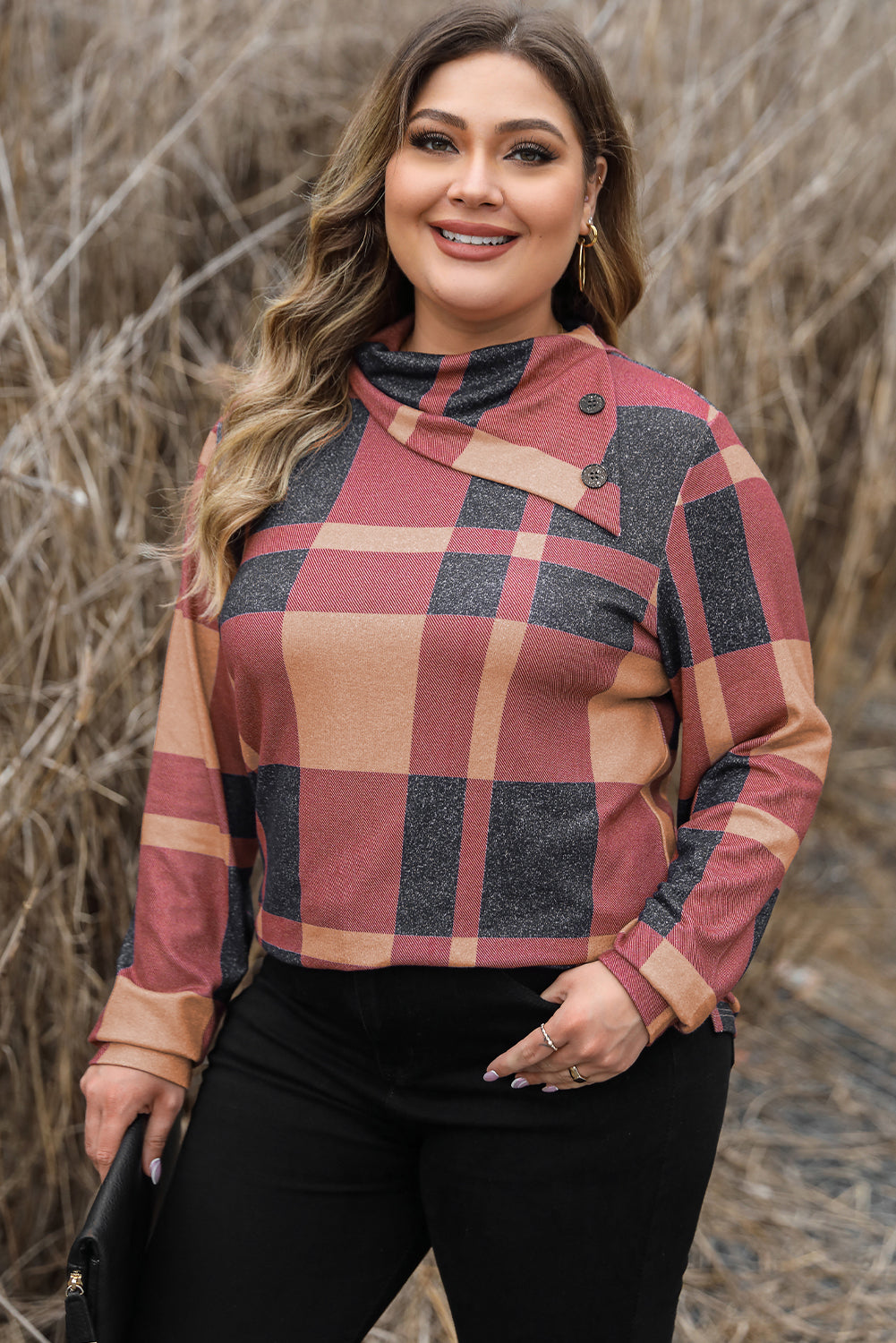 Mineral red plus size plaid top with asymmetric neckline and button details