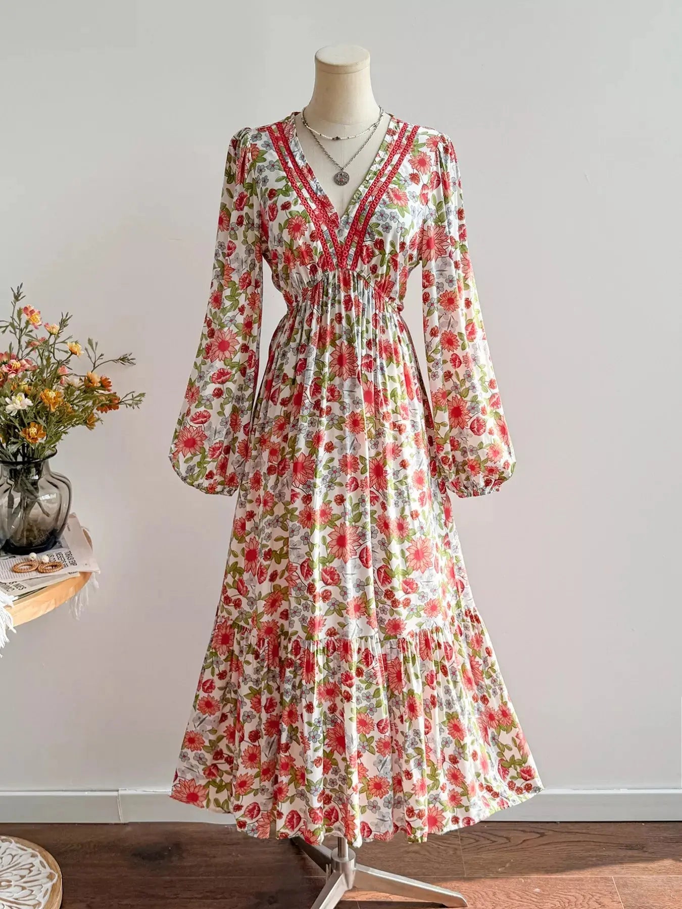 Floral Print V-Neck Bohemian Midi Dress Simply Love