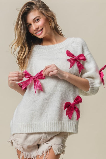 Sparkling bow puff sleeve sweater