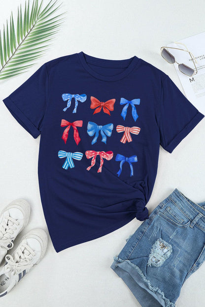 Bow Graphic Round Neck Short Sleeve T-Shirt.