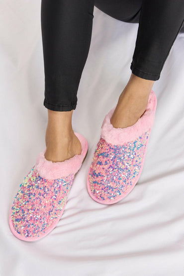 Forever Link Sequin Plush Round Toe Slippers.