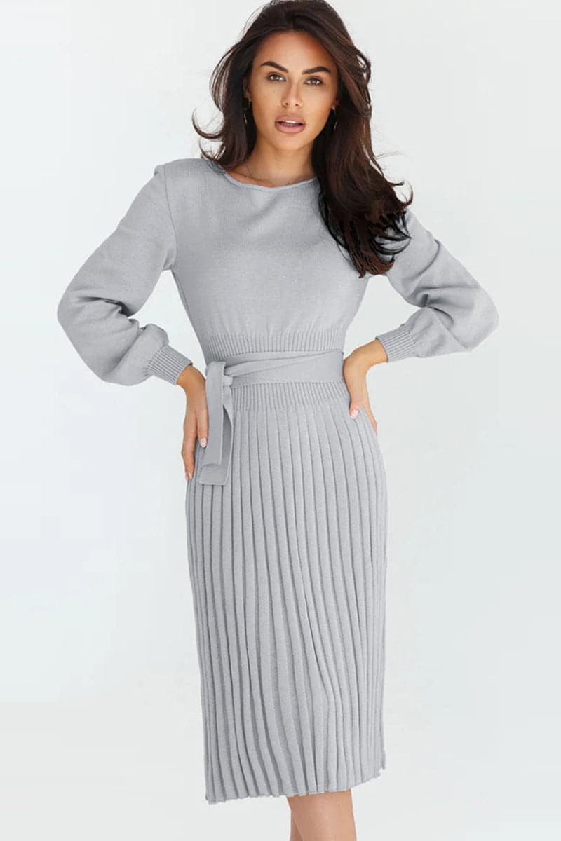 Round Neck Long Sleeve Pleated Sweater Dress.