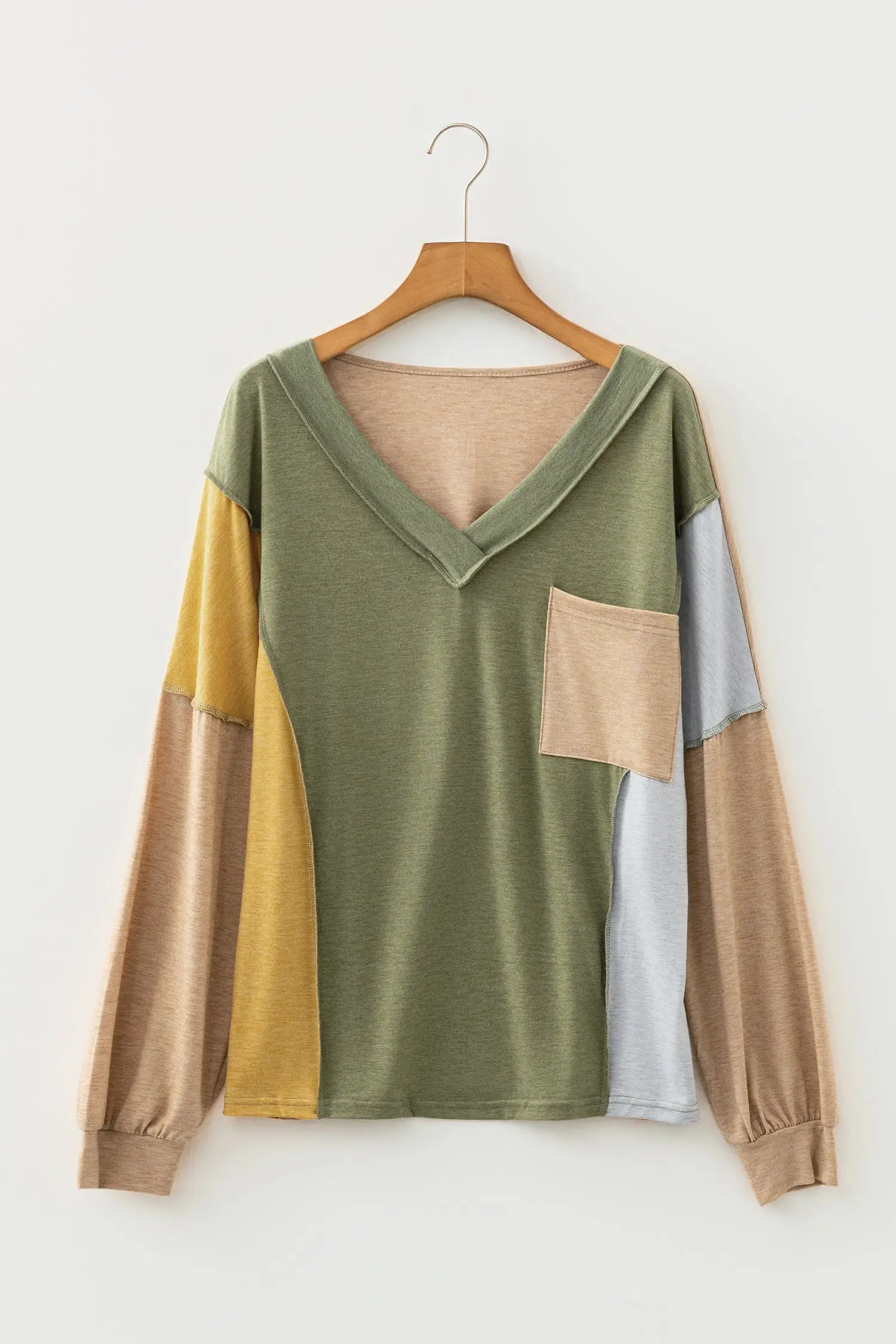 Dear-Lover Green Colorblock Top Women's Casual V-Neck Exposed Stitching Fall Top Dear-Lover Dropshipping