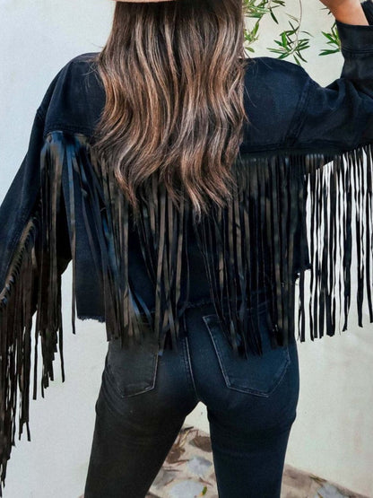 Fringed denim jacket with pockets