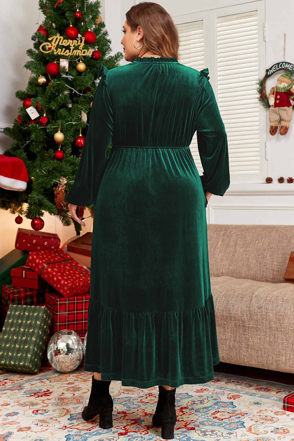 Elegant blackish green velvet high-waist midi dress with frilled neckline and ruffled hem