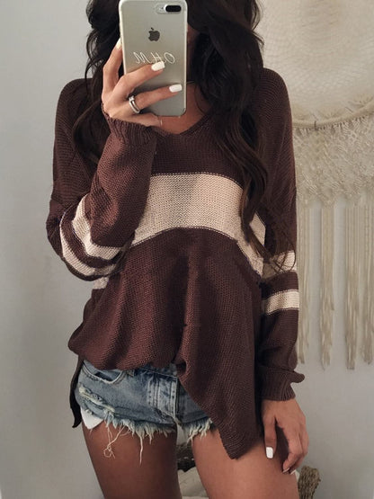 Striped V-Neck Long Sleeve Sweater.