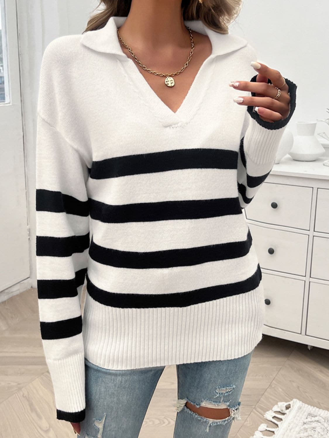 Striped Collared Neck Long Sleeve Sweater.