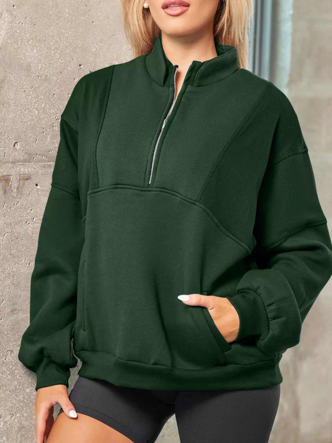 Half Zip Stand Collar Exposed Seam Solid Color Casual Sweatshirt Simply Love