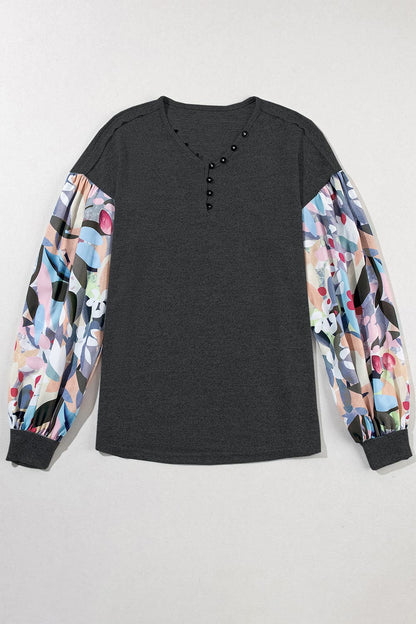 Printed V-Neck Long Sleeve Blouse.